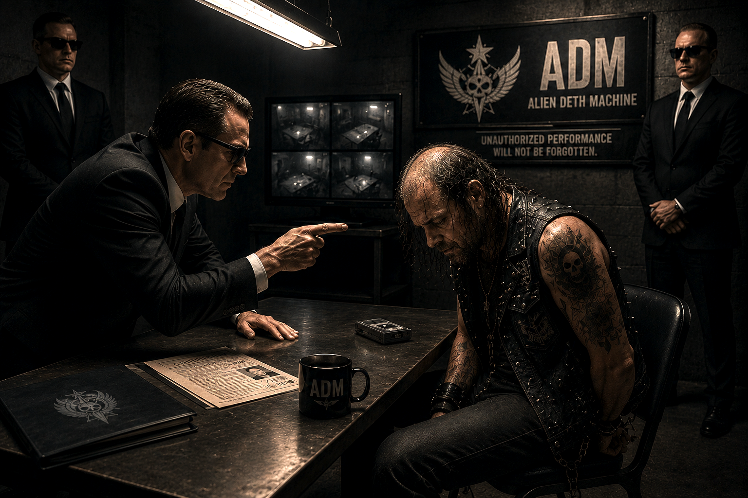 A member of Alien Deth Machine being interrogated by unidentified men in dark suits.