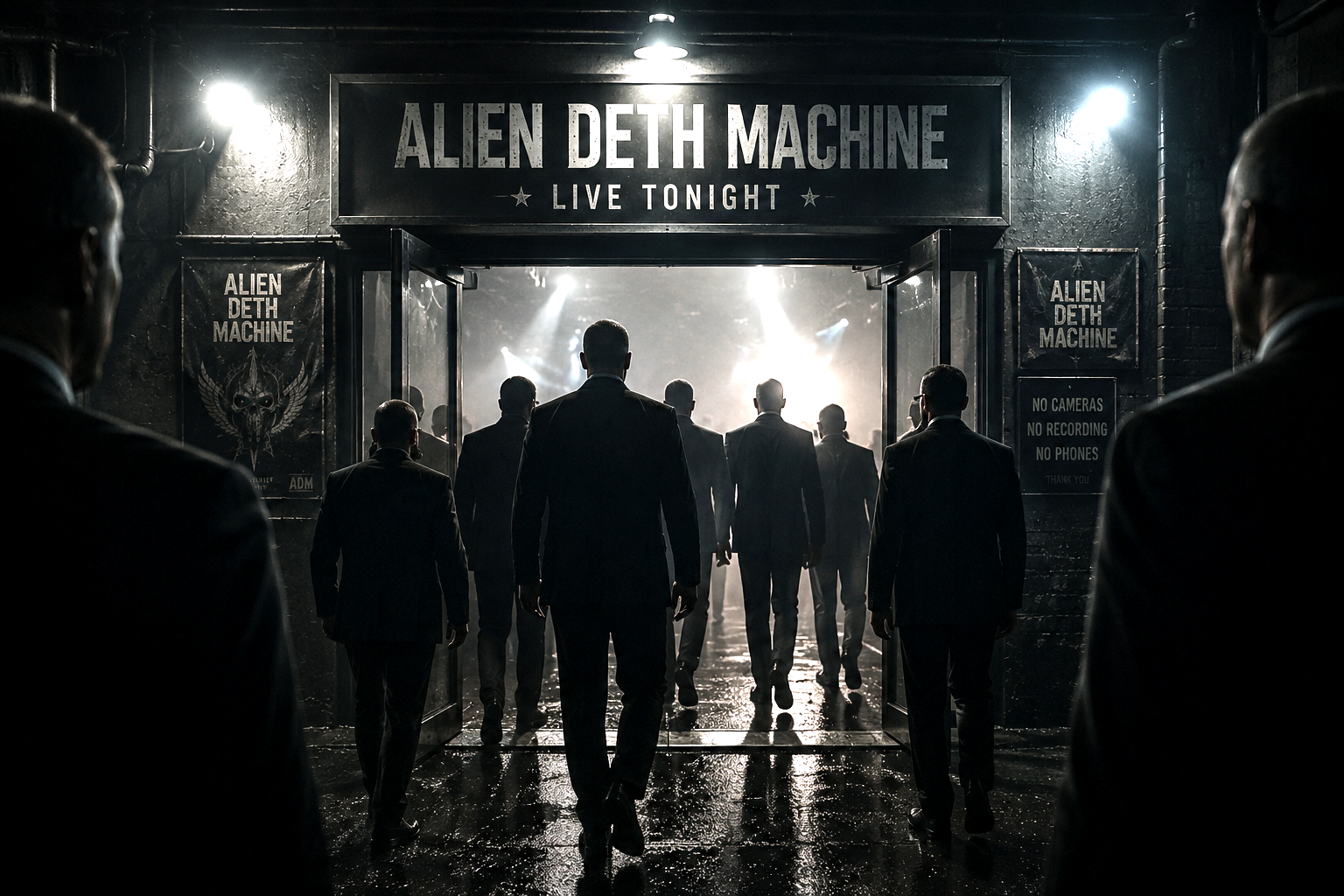 Unidentified men in dark suits entering an Alien Deth Machine performance venue.