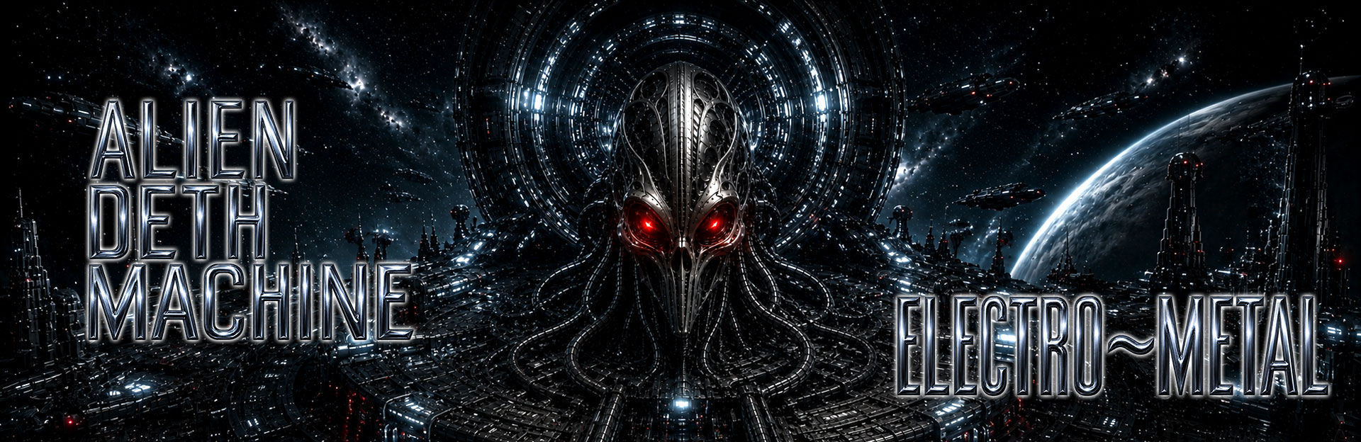 Alien Deth Machine banner: a chrome alien machine with glowing red eyes in a vast mechanical deep-space landscape, with the words Alien Deth Machine and Electro~Metal.