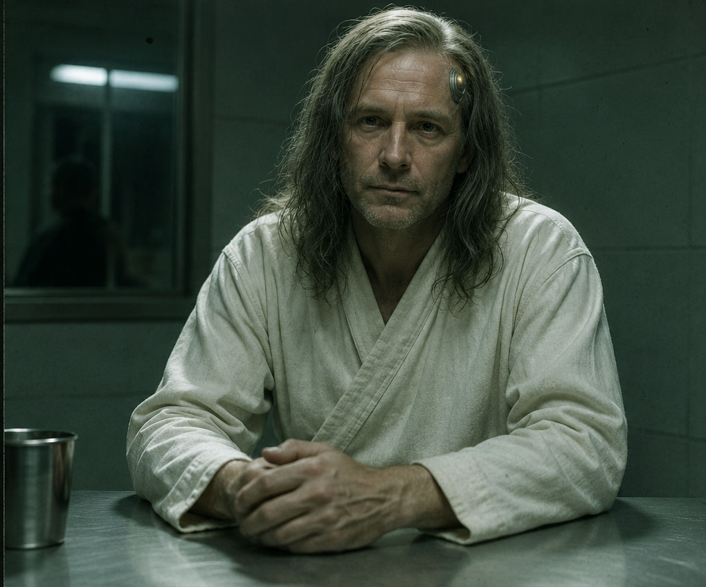 Philip Kunning seated in a Planetary Defense Force interrogation room