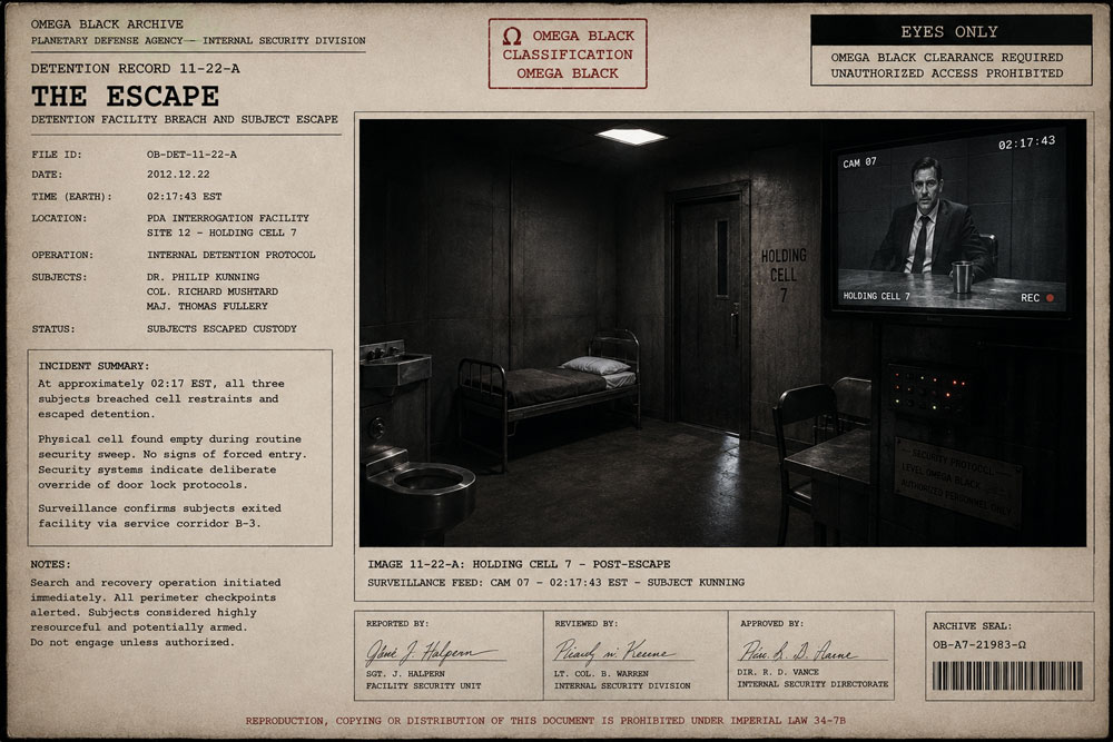 Omega Black detention record showing an empty holding cell after the escape