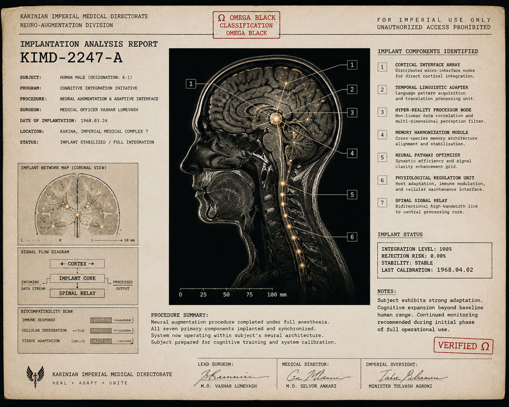 Karinian medical report documenting the human neural implant system