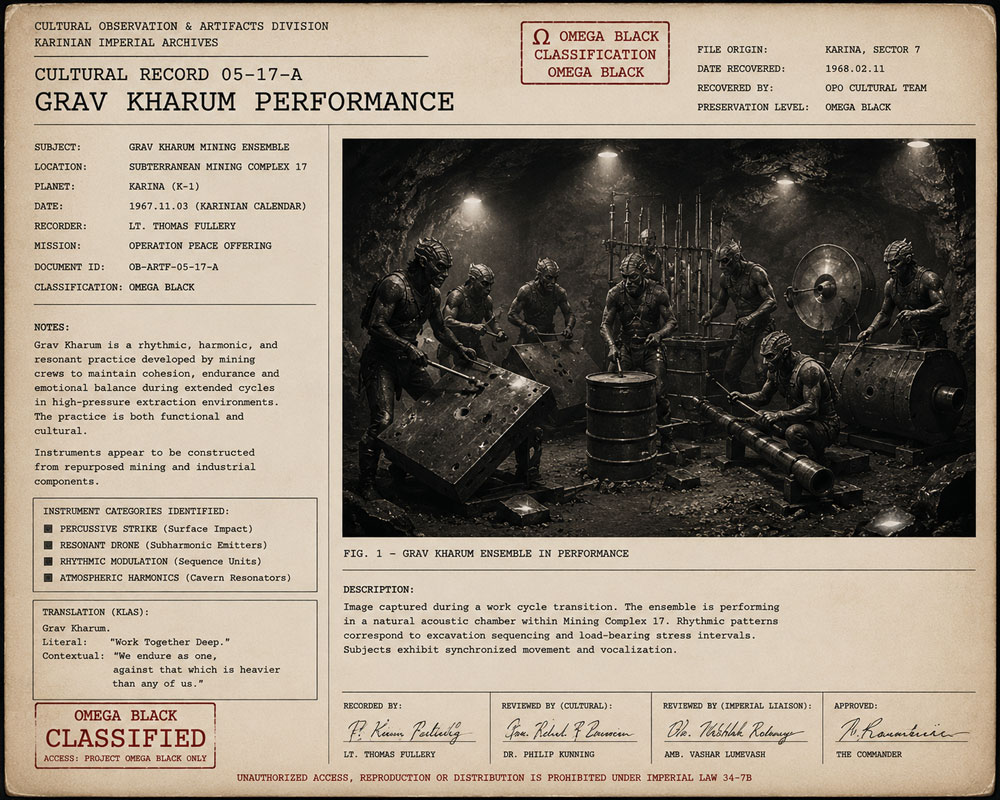 Classified Karinian cultural record of a Grav Kharum mining ensemble performing