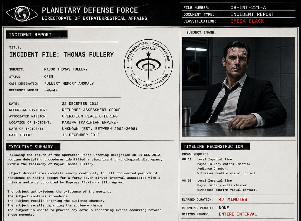 Planetary Defense Force incident report concerning Thomas Fullery's missing forty-seven minutes