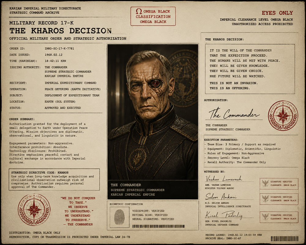Classified Karinian military record documenting the Kharos Decision and the Commander